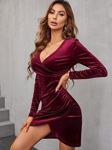 JECEIKA Velvet Dress for Women Wrap V Neck Long Sleeve Ruched Midi Dresses for Cocktail Evening Party in Kuwait