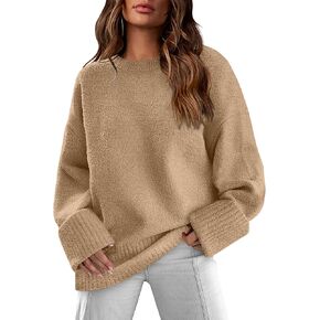 XIEERDUO Fall Sweaters for Women 2023 Crewneck Oversized Fuzzy Knit Pullover Sweater Khaki M in Saudi Arabia