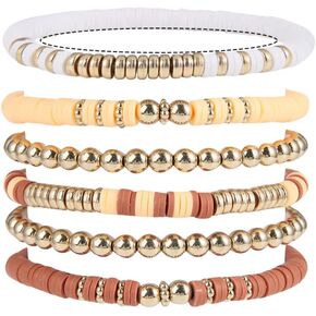 5-7PCS Surfer Colorful Clay Beads Stretch Bracelets Bohemian Stackable Gold Beads Vinyl Disc Elastic Bracelets Multilayer Summer Beach Jewelry Set in Saudi Arabia