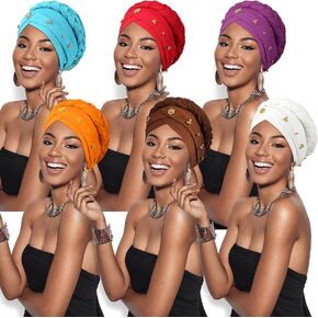 6 Pieces Women African Turban Head Wraps Caps Twisted Braid Beaded Elastic Wrap Cap
