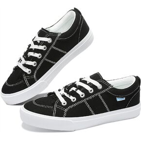 Obtaom Women's White Play Fashion Sneakers Cute Lace up Canvas Shoes Low Top Washed Canvas Flat for Lady