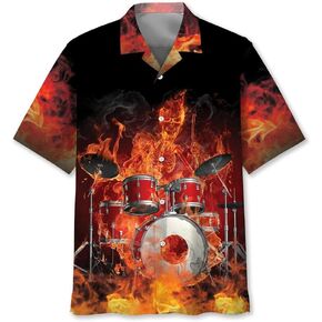 ArtlohaDVL Hawaiian Drum Shirt Men Short Sleeve Drummer Button Down Shirt - Vintage Drum Shirts for Men