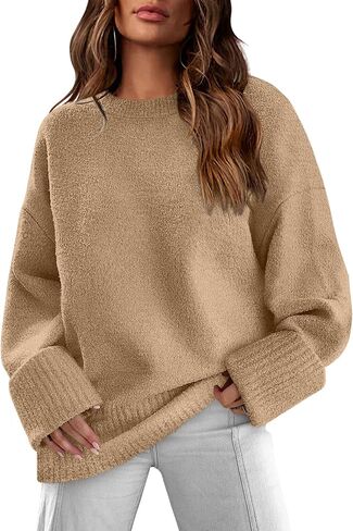XIEERDUO Fall Sweaters for Women 2023 Crewneck Oversized Fuzzy Knit Pullover Sweater Khaki M in Saudi Arabia