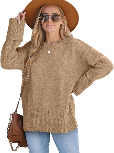 XIEERDUO Fall Sweaters for Women 2023 Crewneck Oversized Fuzzy Knit Pullover Sweater Khaki M in Saudi Arabia