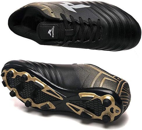 RUNIC Soccer Cleats for Men and Boys – Firm Ground Cleats with Multi-Shaped Studs - Textured Forefoot- Soft Lining -Flexible Upper - Reinforced Stitching - Black/Gold - 6 in Kuwait