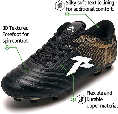 RUNIC Soccer Cleats for Men and Boys – Firm Ground Cleats with Multi-Shaped Studs - Textured Forefoot- Soft Lining -Flexible Upper - Reinforced Stitching - Black/Gold - 6 in Kuwait