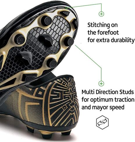 RUNIC Soccer Cleats for Men and Boys – Firm Ground Cleats with Multi-Shaped Studs - Textured Forefoot- Soft Lining -Flexible Upper - Reinforced Stitching - Black/Gold - 6 in Kuwait