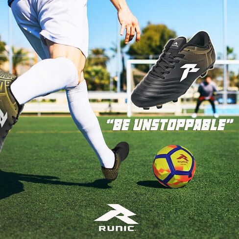 RUNIC Soccer Cleats for Men and Boys – Firm Ground Cleats with Multi-Shaped Studs - Textured Forefoot- Soft Lining -Flexible Upper - Reinforced Stitching - Black/Gold - 6 in Kuwait