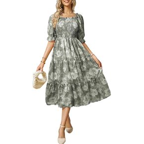 Sissyaki Women's Square Neck Tiered Long Dress Short Sleeve High Waist Smocked Midi Dress