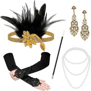 1920s Great Gatsby Costume Accessories Set for Women Headband Earrings Necklace Gloves Holder in Kuwait
