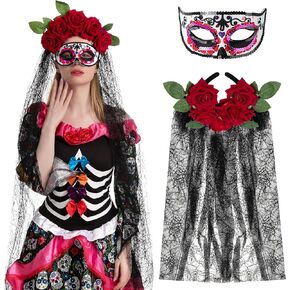 Spooktacular Creations 2 Pcs Day of The Dead Accessories Set with Rose Flower Crown Headband and Masquerade Eye Mask for Halloween Party and Mexican Dia de Los Muertos Costume Accessories in Saudi Arabia