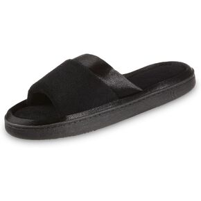 isotoner Women's Soft Microterry Wider Width Slide Slippers, with Satin Trim and Comfort Footbed