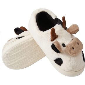 Tptoes Cartoon Cow Cotton Slippers,Cute Fuzzy Cow Slippers Warm Non-Slip for Women and Men Winter Indoor Outdoor Slippers