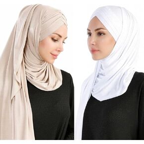 Rayiisuy Women 2PCS Set Jersey Hijab Lightweight Soft Solid Color Instant Hijab Shawls and Wraps Muslim Stretch Head Scarf in Saudi Arabia