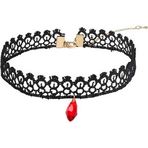 قلادة شوكر سوداء قوطية للنساء، قلادة لوليتا من حجر الراين الاحمر، قلادة سوداء من الدانتيل، مجوهرات حفلات الهالوين التنكرية، طول قابل للتعديل من 10-14 انش، بدون احجار كريمة in Kuwait