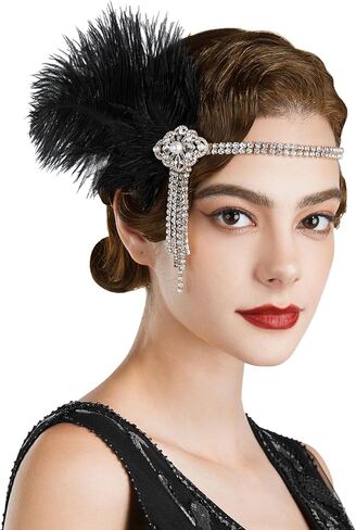 SWEETV 1920s غطاء رأس فلابر عصابة رأس زئير 20s Great Gatsby ريشة إكسسوارات الشعر للنساء، أبيض in Kuwait