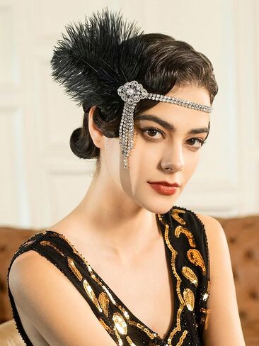 SWEETV 1920s غطاء رأس فلابر عصابة رأس زئير 20s Great Gatsby ريشة إكسسوارات الشعر للنساء، أبيض in Kuwait