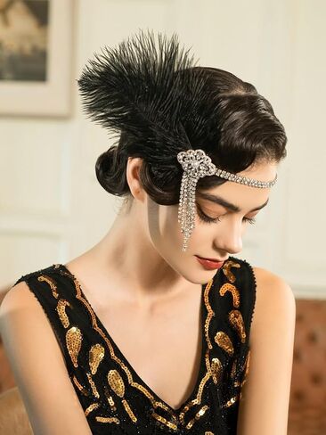 SWEETV 1920s غطاء رأس فلابر عصابة رأس زئير 20s Great Gatsby ريشة إكسسوارات الشعر للنساء، أبيض in Kuwait