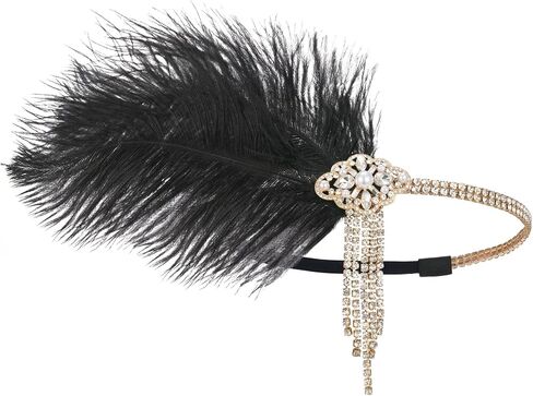 SWEETV 1920s غطاء رأس فلابر عصابة رأس زئير 20s Great Gatsby ريشة إكسسوارات الشعر للنساء، أبيض in Kuwait