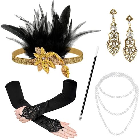 1920s Great Gatsby Costume Accessories Set for Women Headband Earrings Necklace Gloves Holder in Kuwait