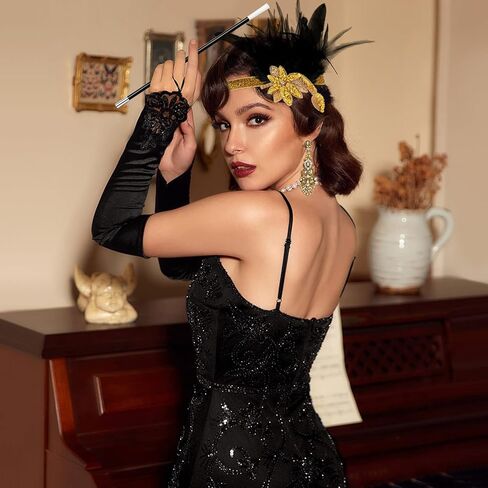1920s Great Gatsby Costume Accessories Set for Women Headband Earrings Necklace Gloves Holder in Kuwait