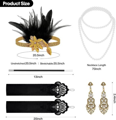 1920s Great Gatsby Costume Accessories Set for Women Headband Earrings Necklace Gloves Holder in Kuwait