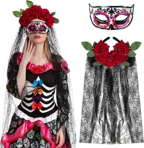 Spooktacular Creations 2 Pcs Day of The Dead Accessories Set with Rose Flower Crown Headband and Masquerade Eye Mask for Halloween Party and Mexican Dia de Los Muertos Costume Accessories in Saudi Arabia