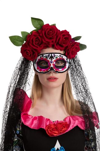 Spooktacular Creations 2 Pcs Day of The Dead Accessories Set with Rose Flower Crown Headband and Masquerade Eye Mask for Halloween Party and Mexican Dia de Los Muertos Costume Accessories in Saudi Arabia
