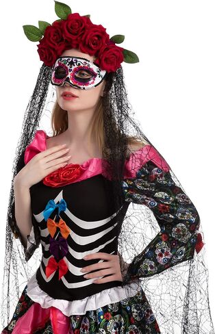Spooktacular Creations 2 Pcs Day of The Dead Accessories Set with Rose Flower Crown Headband and Masquerade Eye Mask for Halloween Party and Mexican Dia de Los Muertos Costume Accessories in Saudi Arabia