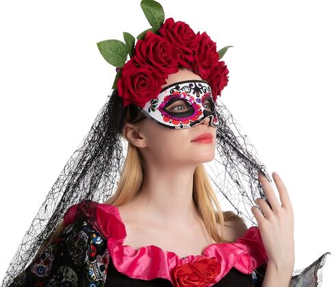 Spooktacular Creations 2 Pcs Day of The Dead Accessories Set with Rose Flower Crown Headband and Masquerade Eye Mask for Halloween Party and Mexican Dia de Los Muertos Costume Accessories in Saudi Arabia