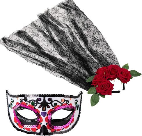 Spooktacular Creations 2 Pcs Day of The Dead Accessories Set with Rose Flower Crown Headband and Masquerade Eye Mask for Halloween Party and Mexican Dia de Los Muertos Costume Accessories in Saudi Arabia