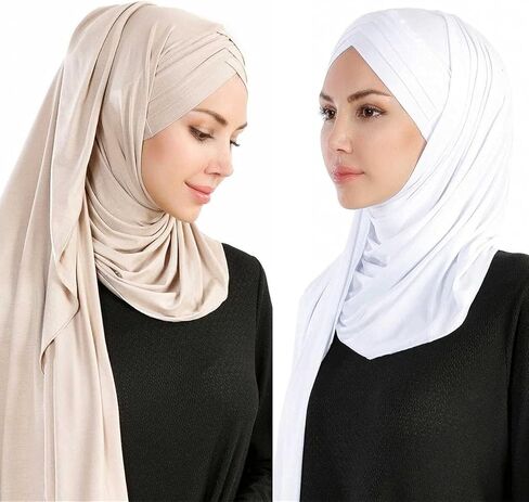 Rayiisuy Women 2PCS Set Jersey Hijab Lightweight Soft Solid Color Instant Hijab Shawls and Wraps Muslim Stretch Head Scarf in Kuwait