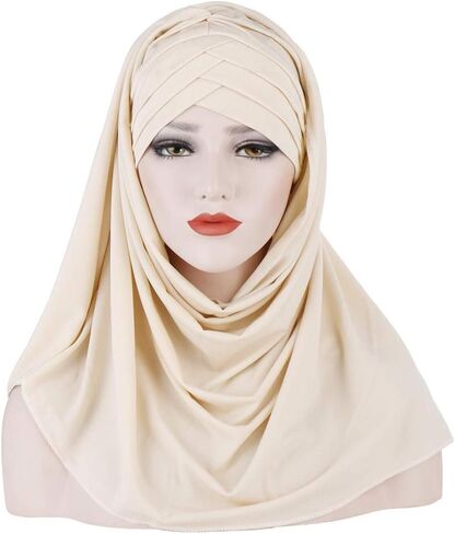 Rayiisuy Women 2PCS Set Jersey Hijab Lightweight Soft Solid Color Instant Hijab Shawls and Wraps Muslim Stretch Head Scarf in Kuwait