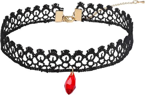 قلادة شوكر سوداء قوطية للنساء، قلادة لوليتا من حجر الراين الاحمر، قلادة سوداء من الدانتيل، مجوهرات حفلات الهالوين التنكرية، طول قابل للتعديل من 10-14 انش، بدون احجار كريمة in Kuwait