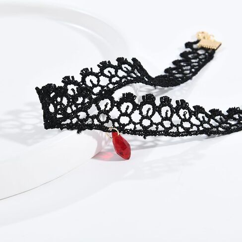 قلادة شوكر سوداء قوطية للنساء، قلادة لوليتا من حجر الراين الاحمر، قلادة سوداء من الدانتيل، مجوهرات حفلات الهالوين التنكرية، طول قابل للتعديل من 10-14 انش، بدون احجار كريمة in Kuwait