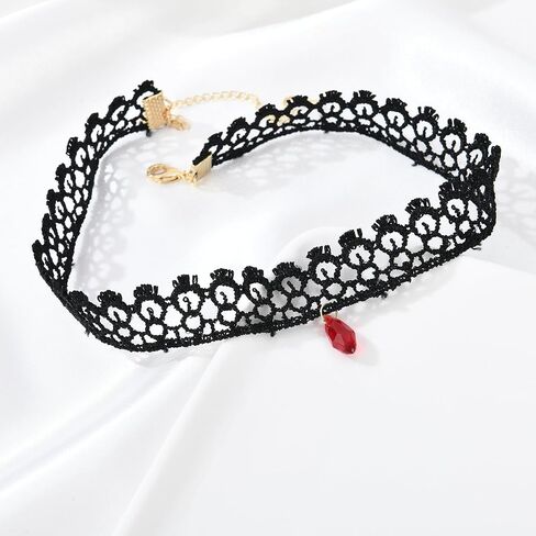 قلادة شوكر سوداء قوطية للنساء، قلادة لوليتا من حجر الراين الاحمر، قلادة سوداء من الدانتيل، مجوهرات حفلات الهالوين التنكرية، طول قابل للتعديل من 10-14 انش، بدون احجار كريمة in Kuwait