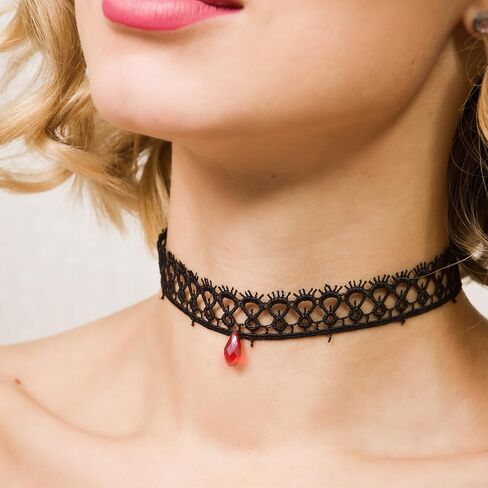 قلادة شوكر سوداء قوطية للنساء، قلادة لوليتا من حجر الراين الاحمر، قلادة سوداء من الدانتيل، مجوهرات حفلات الهالوين التنكرية، طول قابل للتعديل من 10-14 انش، بدون احجار كريمة in Kuwait