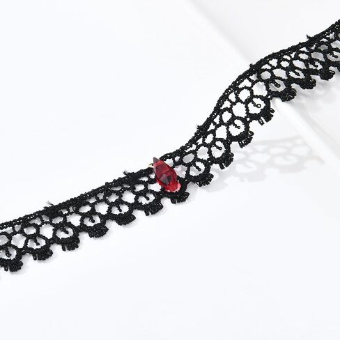 قلادة شوكر سوداء قوطية للنساء، قلادة لوليتا من حجر الراين الاحمر، قلادة سوداء من الدانتيل، مجوهرات حفلات الهالوين التنكرية، طول قابل للتعديل من 10-14 انش، بدون احجار كريمة in Kuwait