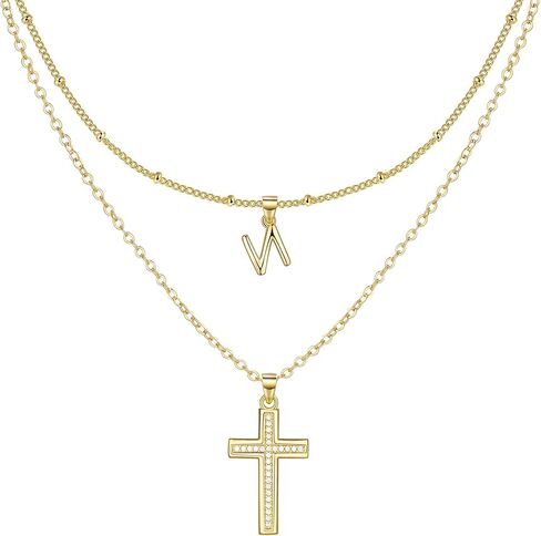 ZENI Dainty Cross Necklaces for Women, 14K Gold Plated Layered Chain Initial Pendant Choker Necklace, Cubic Zirconia Cross Christian Faith Jewelry Communion Baptism Gifts for Girls in Kuwait
