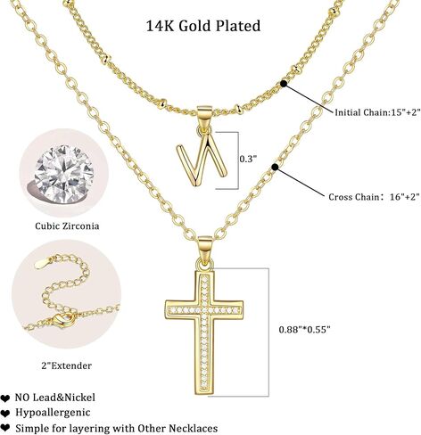 ZENI Dainty Cross Necklaces for Women, 14K Gold Plated Layered Chain Initial Pendant Choker Necklace, Cubic Zirconia Cross Christian Faith Jewelry Communion Baptism Gifts for Girls in Kuwait