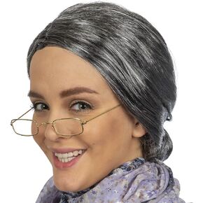 Skeleteen Old Lady Costume Set - Grey Granny Wig and Fake Gold Rectangle Eyeglasses Grandma Set for Women and Girls