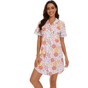 CHUNG Nightshirts for Women Short Sleeve Cotton Sleepshirt Loungewear Button Down Dress pjs Pajamas Plus Size
