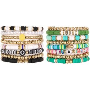 CISYINO 8/16Pcs Preppy Beaded Bracelets Set for Women Teen Girls,Colorful Heishi Surfer Clay Bead Bracelets Evil Eye Stackable Stretch Gold Beaded Pearl Summer Beach Boho Bracelets Aesthetic Y2K