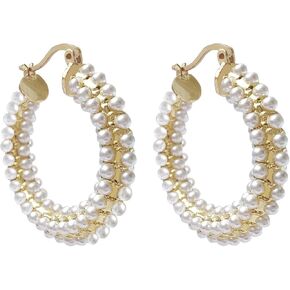 Pearl Drop Earrings for Women 18K Plated Real Gold S925 Sterling Silver Posts Cluster Pearl Dangle Chunky Earring Statement Geometric Earrings