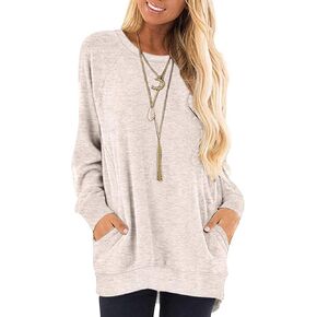AUSELILY Women's Long Sleeve Round Neck Casual T Shirts Blouses Sweatshirts Tunic Tops with Pocket in Saudi Arabia