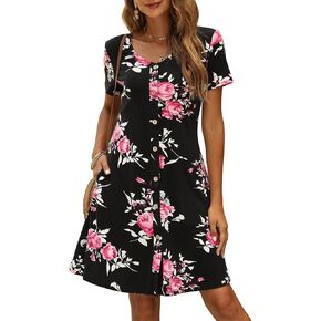 Manydress Women's Summer Casual T Shirt Dresses Button Down Swing Dress with Pockets MY035