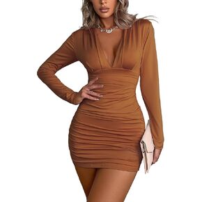 Halife Womens Sexy V Neck Ruched Bodycon Dress Long Sleeve Sexy Party Club Tight Fitted Short Dresses