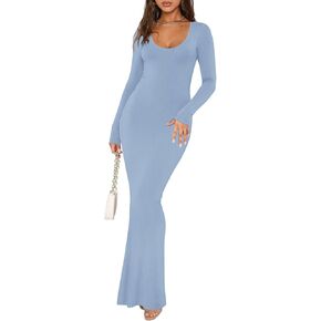 REORIA Women's Sexy Scoop Neck Long Sleeve Lounge Long Dress Ribbed Bodycon Maxi Dresses