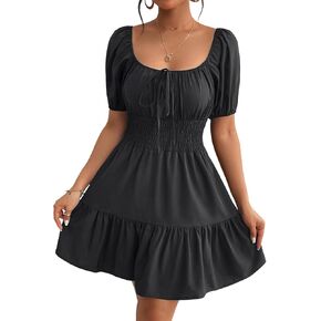 Floerns Women's Boho Square Neck Puff Short Sleeve Self Tie Front A Line Dress