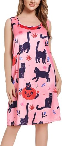Tugege Women's Sleeveless Nightgowns Cute Print Nightshirts Comfy Satin Pajama Dress Scoopneck Sleepwear in Kuwait